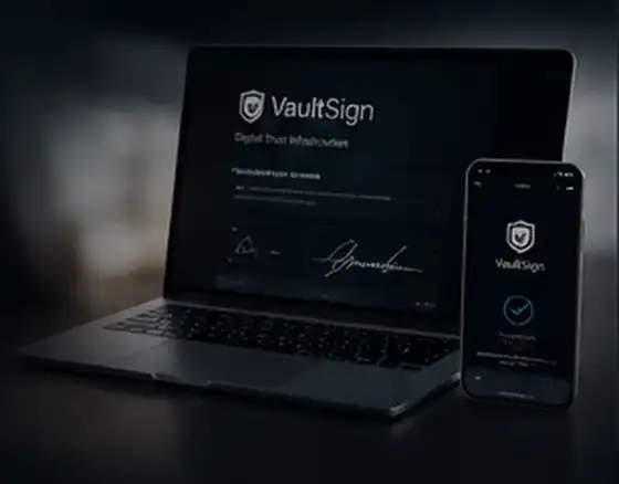vaultsign.io on a laptop and a phone, showing a signed document